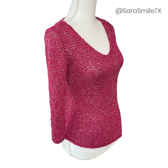 PORTMANS AUSTRALIA Pink Metallic Gold Open Knit Asymmetric Hem Sweater - Picture 12 of 13